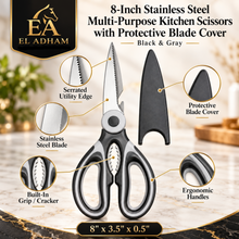 8-Inch Stainless Steel Multi-Purpose Kitchen Scissors with Protective Blade Cover – Black & Gray