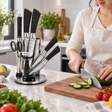 ZEGNA 9-Piece Stainless Steel Kitchen Knife Set with Clear Countertop Stand – Black & Gold Speckled Handles