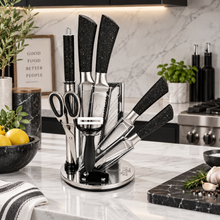 ZEGNA 9-Piece Stainless Steel Kitchen Knife Set with Clear Countertop Stand – Black & Gold Speckled Handles