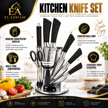 ZEGNA 9-Piece Stainless Steel Kitchen Knife Set with Clear Countertop Stand – Black & Gold Speckled Handles