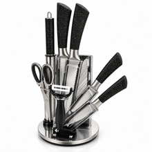 ZEGNA 9-Piece Stainless Steel Kitchen Knife Set with Clear Countertop Stand – Black & Gold Speckled Handles