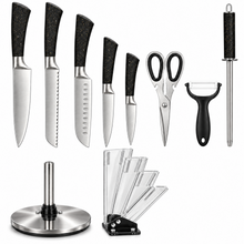 ZEGNA 9-Piece Stainless Steel Kitchen Knife Set with Clear Countertop Stand – Black & Gold Speckled Handles