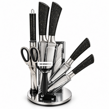 ZEGNA 9-Piece Stainless Steel Kitchen Knife Set with Clear Countertop Stand – Black & Gold Speckled Handles
