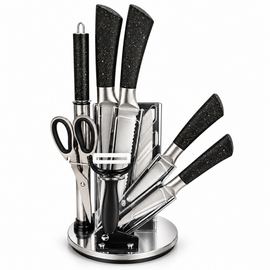 ZEGNA 9-Piece Stainless Steel Kitchen Knife Set with Clear Countertop Stand – Black & Gold Speckled Handles