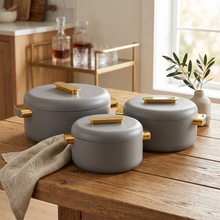 Heat-Retaining Gray Insulated Casserole Set - Gold Handle 3-Piece Collection 1/2/3.5L