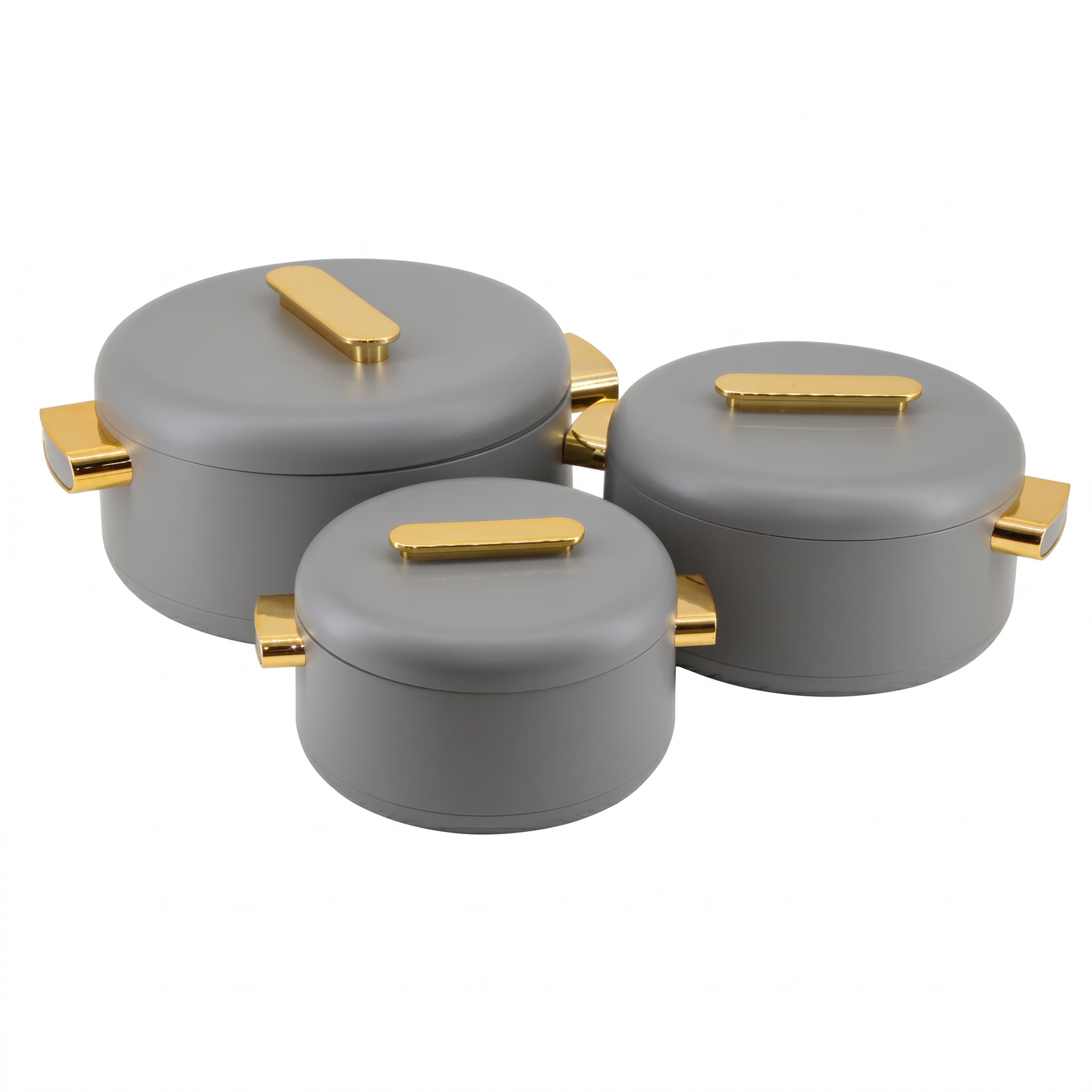 Heat-Retaining Gray Insulated Casserole Set - Gold Handle 3-Piece Collection 1/2/3.5L