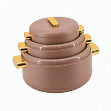 Heat-Retaining Brown Insulated Casserole Set - Gold Handle 3-Piece Collection 1/2/3.5L