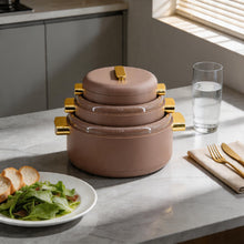 Heat-Retaining Brown Insulated Casserole Set - Gold Handle 3-Piece Collection 1/2/3.5L