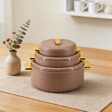Heat-Retaining Brown Insulated Casserole Set - Gold Handle 3-Piece Collection 1/2/3.5L