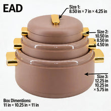 Heat-Retaining Brown Insulated Casserole Set - Gold Handle 3-Piece Collection 1/2/3.5L