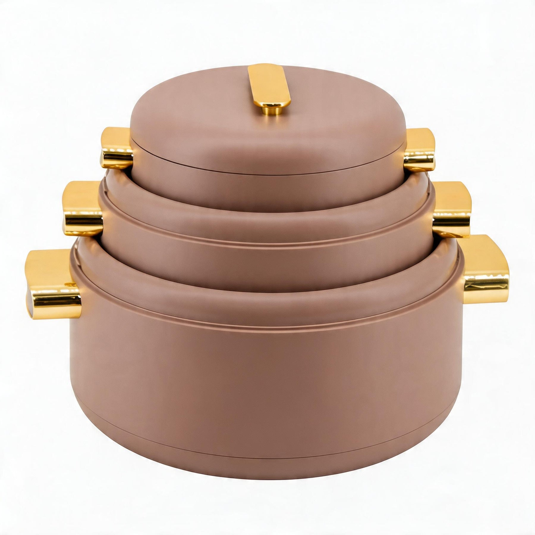 Heat-Retaining Brown Insulated Casserole Set - Gold Handle 3-Piece Collection 1/2/3.5L