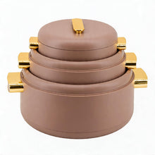 Heat-Retaining Brown Insulated Casserole Set - Gold Handle 3-Piece Collection 1/2/3.5L