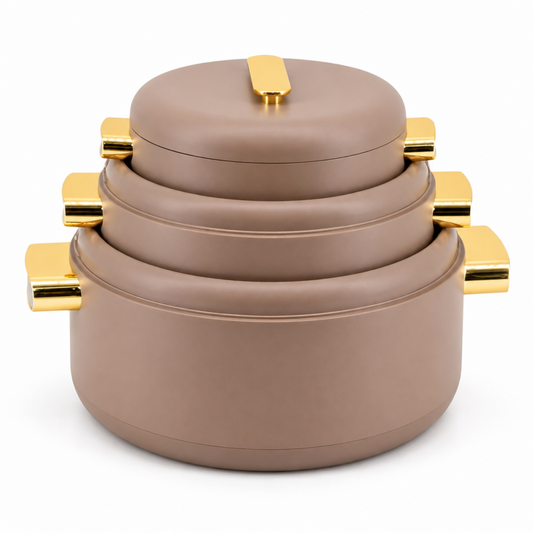 Heat-Retaining Brown Insulated Casserole Set - Gold Handle 3-Piece Collection 1/2/3.5L