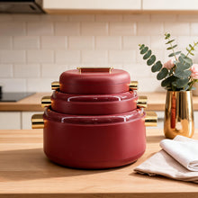 Heat-Retaining Red Insulated Casserole Set - Gold Handle 3-Piece Collection 1/2/3.5L