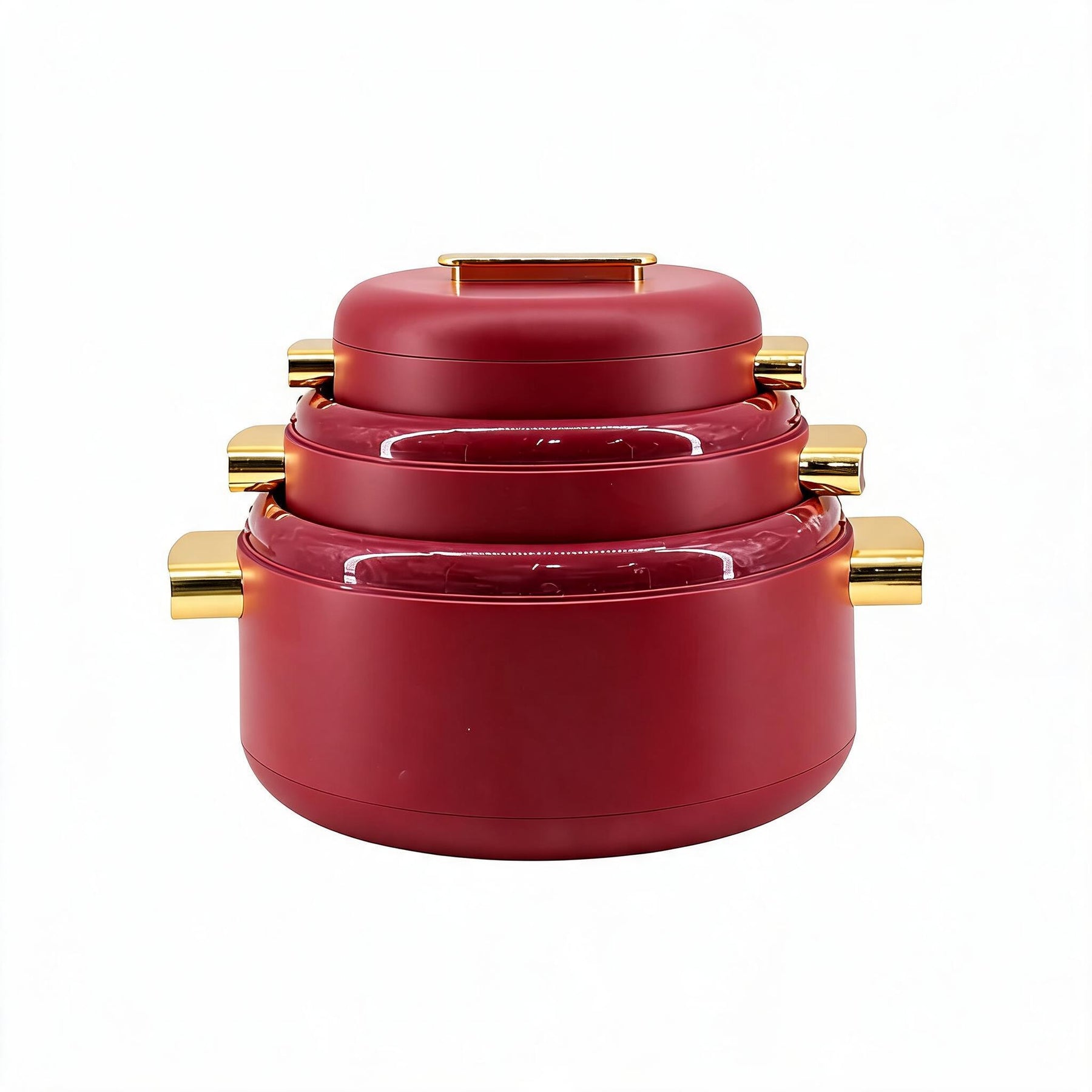 Heat-Retaining Red Insulated Casserole Set - Gold Handle 3-Piece Collection 1/2/3.5L