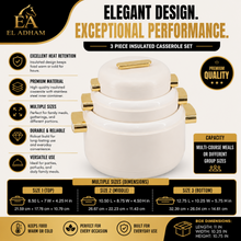 Heat-Retaining Cream Insulated Casserole Set - Gold Handle 3-Piece Collection 1/2/3.5L