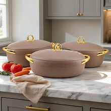 Premium Dining Insulated Casserole Set - 3 PCS Brown & Gold with Magnetic-Lock (2.0L, 2.5L, 3.0L)