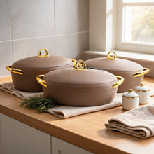 Premium Dining Insulated Casserole Set - 3 PCS Brown & Gold with Magnetic-Lock (2.0L, 2.5L, 3.0L)