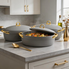 Premium Dining Insulated Casserole Set - 3 PCS Gray & Gold with Magnetic-Lock (2.0L, 2.5L, 3.0L)