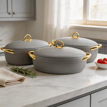 Premium Dining Insulated Casserole Set - 3 PCS Gray & Gold with Magnetic-Lock (2.0L, 2.5L, 3.0L)