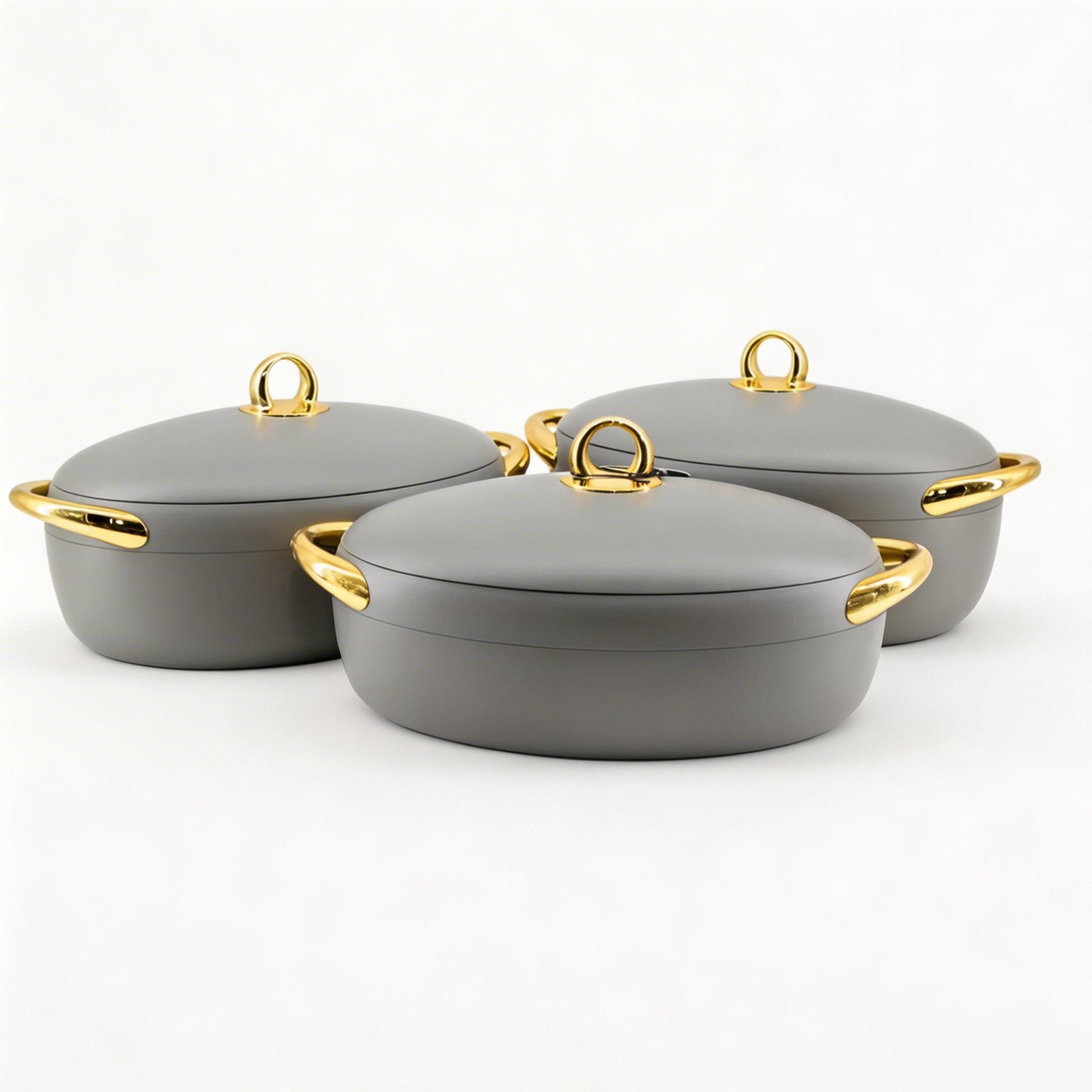 Premium Dining Insulated Casserole Set - 3 PCS Gray & Gold with Magnetic-Lock (2.0L, 2.5L, 3.0L)