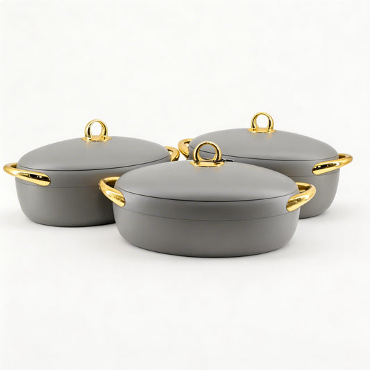 Premium Dining Insulated Casserole Set - 3 PCS Gray & Gold with Magnetic-Lock (2.0L, 2.5L, 3.0L)