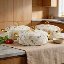 Premium Dining Insulated Casserole Set - 3 PCS Marble White & Gold with Magnetic-Lock (2.0L, 2.5L, 3.0L)