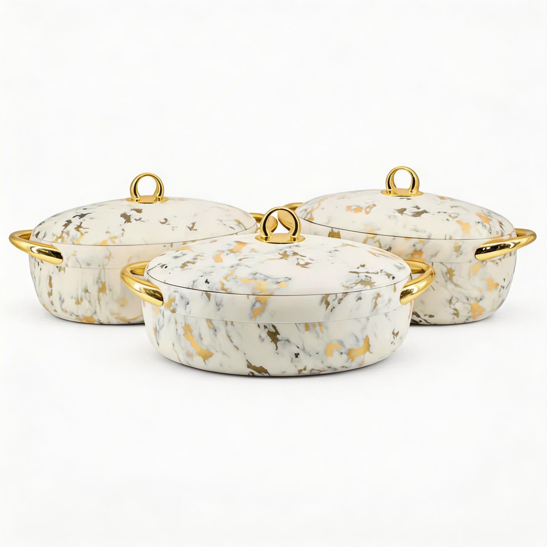 Premium Dining Insulated Casserole Set - 3 PCS Marble White & Gold with Magnetic-Lock (2.0L, 2.5L, 3.0L)