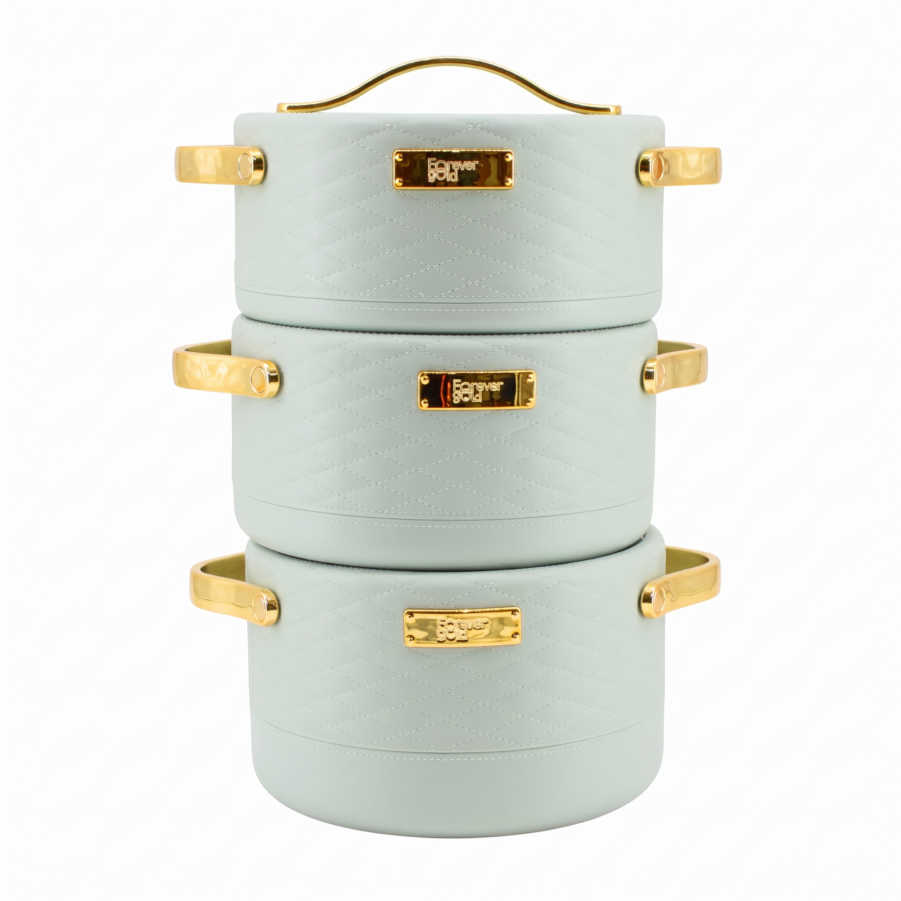 Stylish 3 Pcs Insulated Casserole Pot Set - Sage Color, Gold Accents, 1.5L 2L 2.5L
