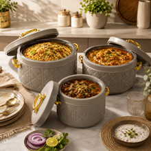 Modern Dark Gray & Gold Insulated Casserole Set – 3-Piece Hot Food Serving Set, 1.0L / 2.5L / 4.0L