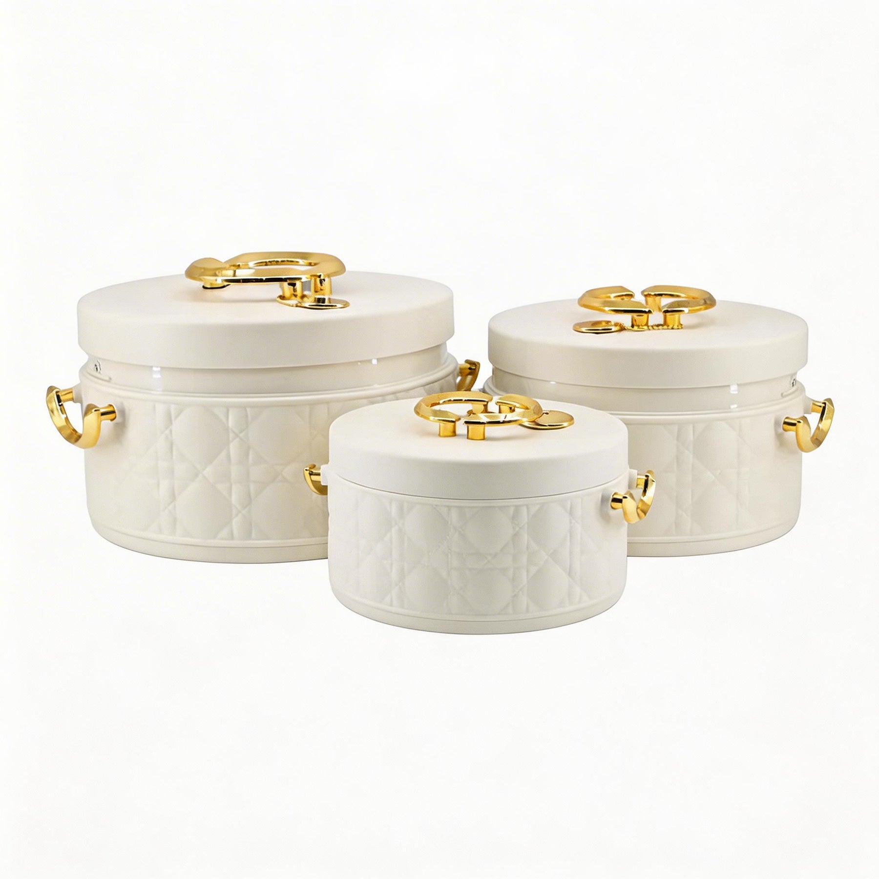Modern Stylish White & Gold Insulated Casserole Bowls - 3 PCS (1.0L / 2.5L / 4.0L)