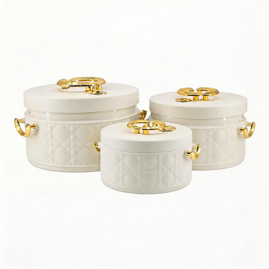 Modern Stylish White & Gold Insulated Casserole Bowls - 3 PCS (1.0L / 2.5L / 4.0L)