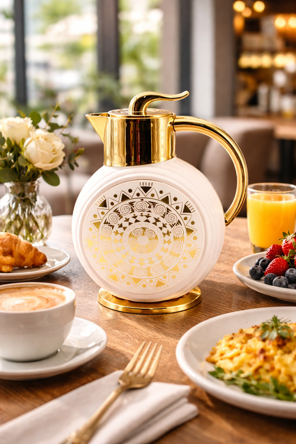 Majlis Mosaic Round Vacuum Jug Flask White & Gold 1L