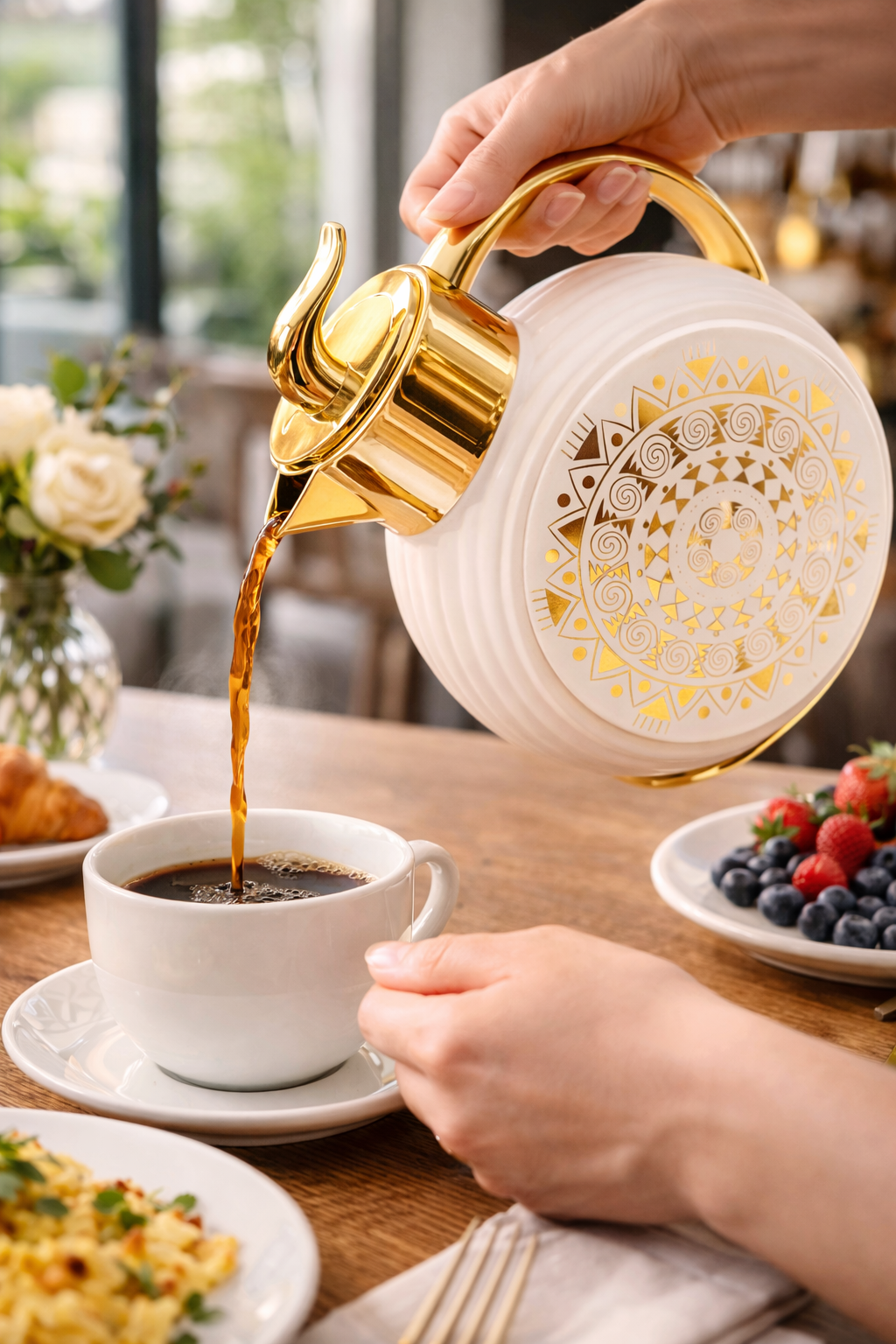 Majlis Mosaic Round Vacuum Jug Flask White & Gold 1L