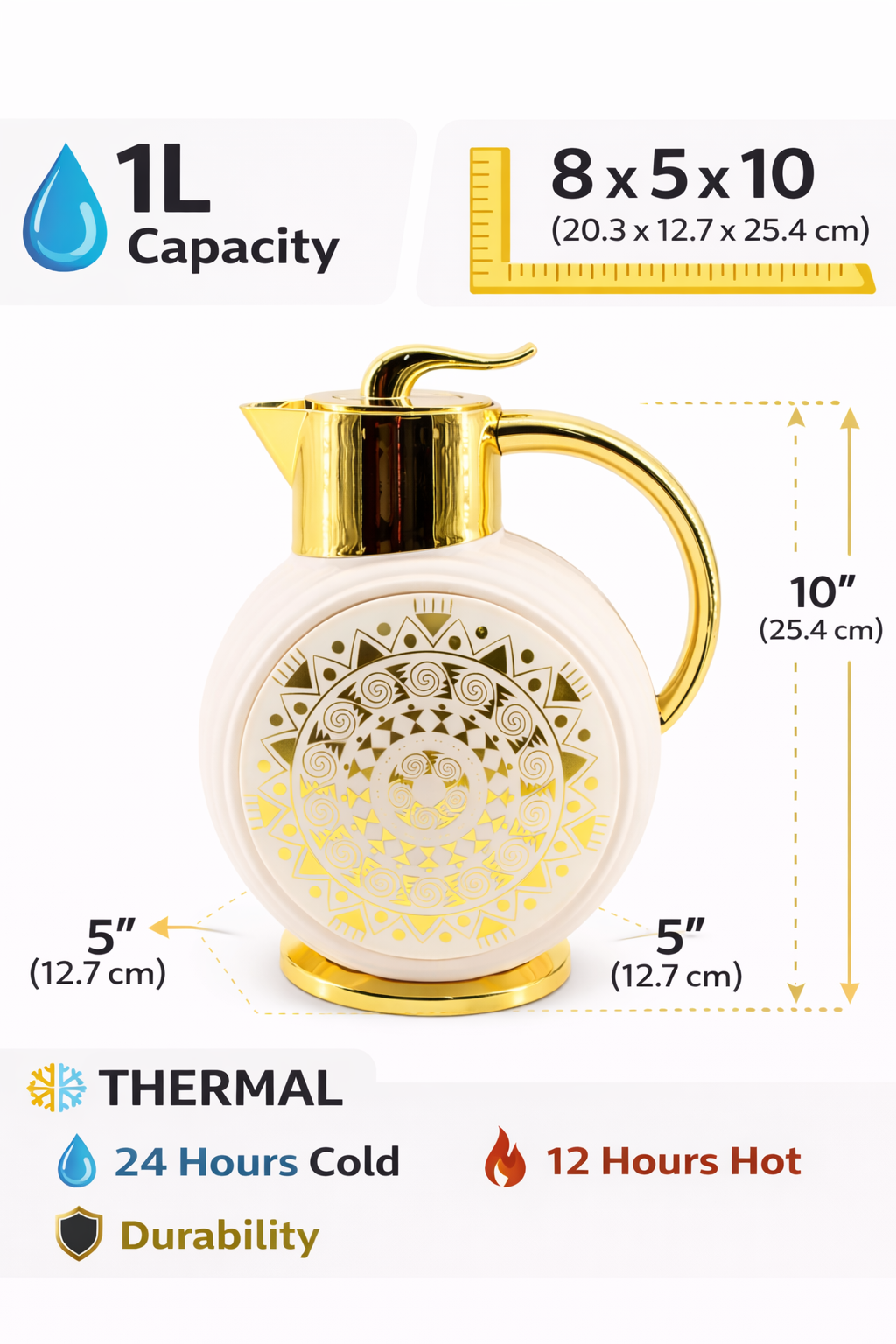 Majlis Mosaic Round Vacuum Jug Flask White & Gold 1L