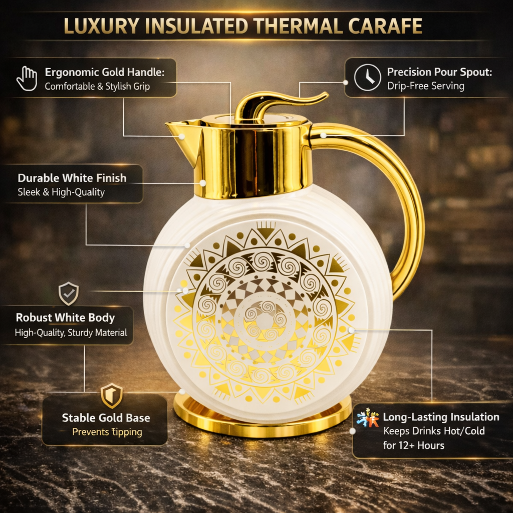 Majlis Mosaic Round Vacuum Jug Flask White & Gold 1L