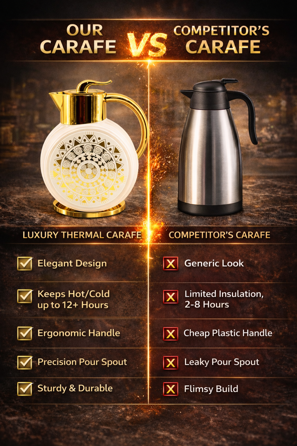 Majlis Mosaic Round Vacuum Jug Flask White & Gold 1L