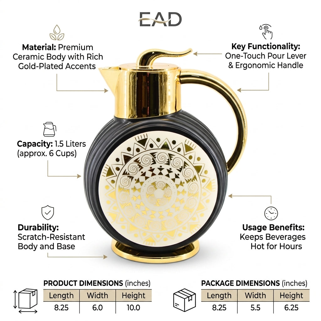 Majlis Mosaic Round Vacuum Jug Flask Black & Gold 1L