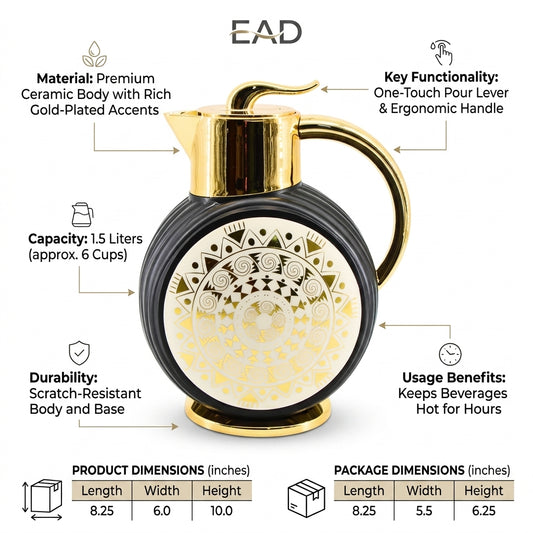 Majlis Mosaic Round Vacuum Jug Flask Black & Gold 1L