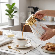 Luxury Insulated Marble-Finish Vacuum Flask with Gold Handle - White & Gold