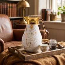 Luxury Insulated Marble-Finish Vacuum Flask with Gold Handle - White & Gold