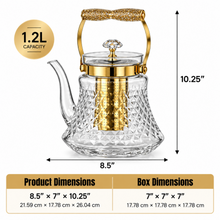 Premium Glass Teapot with Gold Accents & Stainless Steel Infuser - 1.2L Elegant Tea Pot