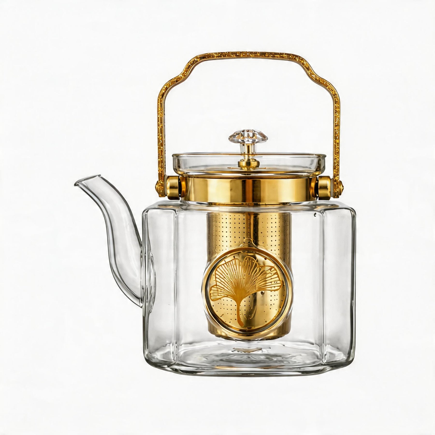 Luxury Square Glass Teapot with Gold Accents & Stainless Steel Infuser - 1.1L