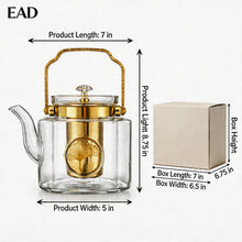 Luxury Square Glass Teapot with Gold Accents & Stainless Steel Infuser - 1.1L