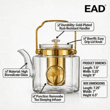 Luxury Square Glass Teapot with Gold Accents & Stainless Steel Infuser - 1.5L
