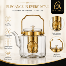 Luxury Square Glass Teapot with Gold Accents & Stainless Steel Infuser, 1.5L