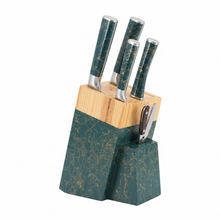 Luxury 6-Piece Marble-Effect Kitchen Knife Set with Wooden Block & Scissors - Green & Gold