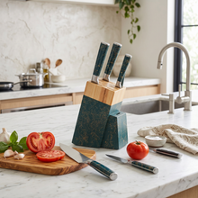 Luxury 6-Piece Marble-Effect Kitchen Knife Set with Wooden Block & Scissors - Green & Gold