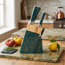 Luxury 6-Piece Marble-Effect Kitchen Knife Set with Wooden Block & Scissors - Green & Gold