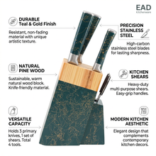 Luxury 6-Piece Marble-Effect Kitchen Knife Set with Wooden Block & Scissors - Green & Gold